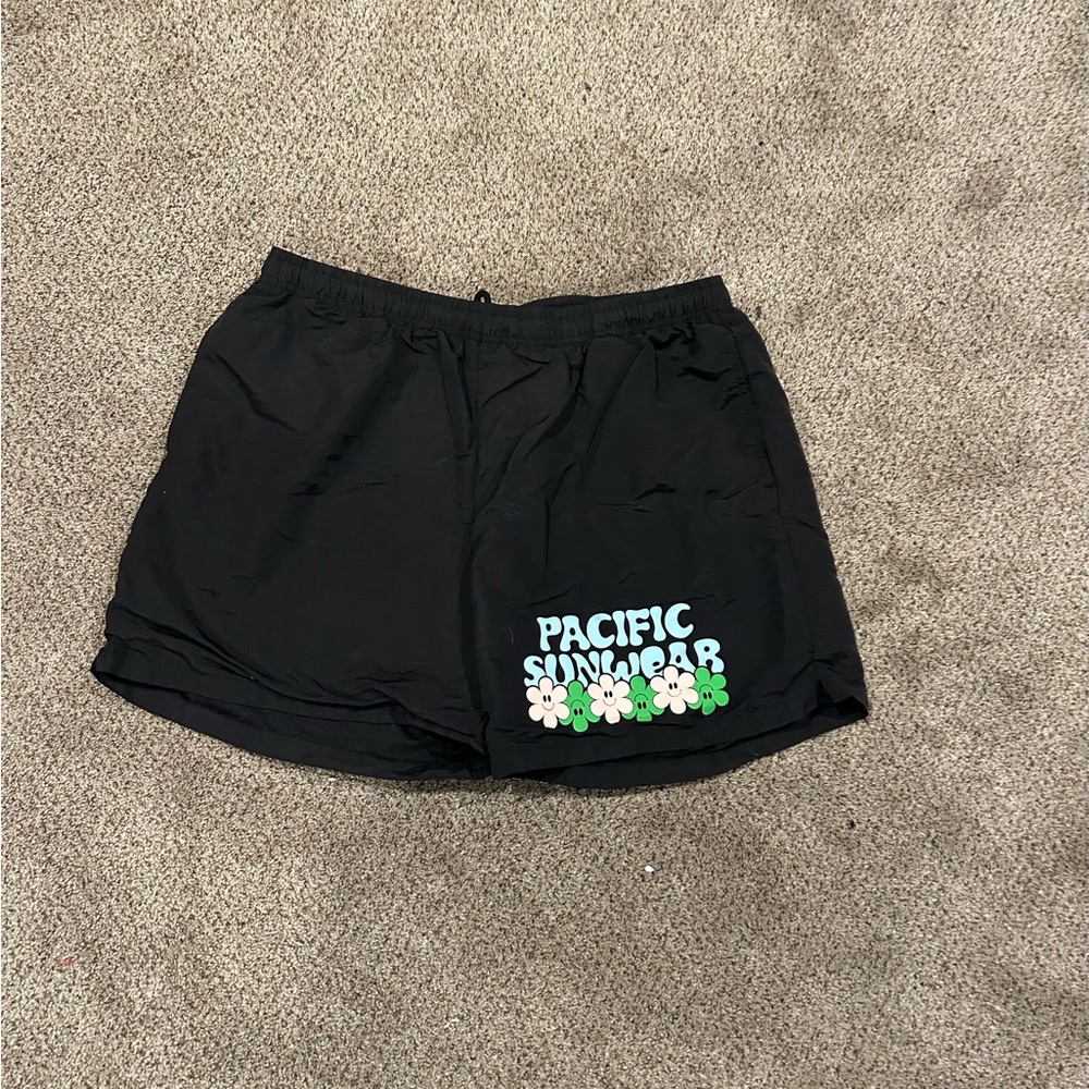 PacSun Black Swim Board Shorts with Green and White Floral Design